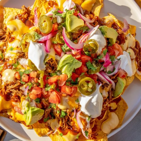 Loaded Nachos with pulled pork piled high with melted cheese and fresh toppings.