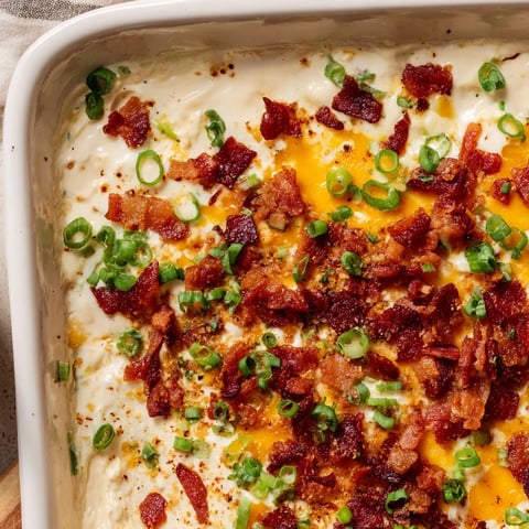 Golden and bubbly, this Cheesy Bacon Ranch Dip is a perfect party appetizer, served hot.