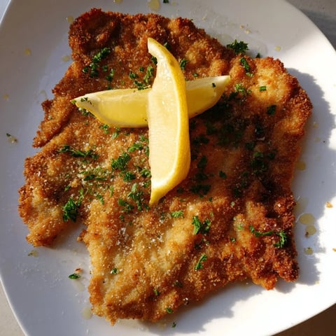 Golden-brown Austrian Wiener Schnitzel, perfectly fried, ready to be served with lemon wedges.