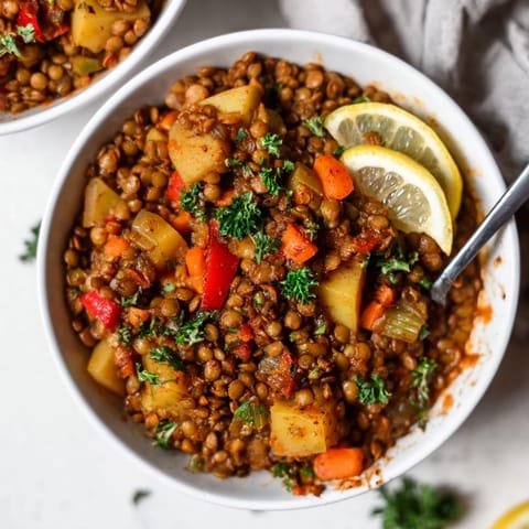 Einstimmung auf ein gemütliches Abendessen mit One-Pot-Linseneintopf und frischem Brot.  