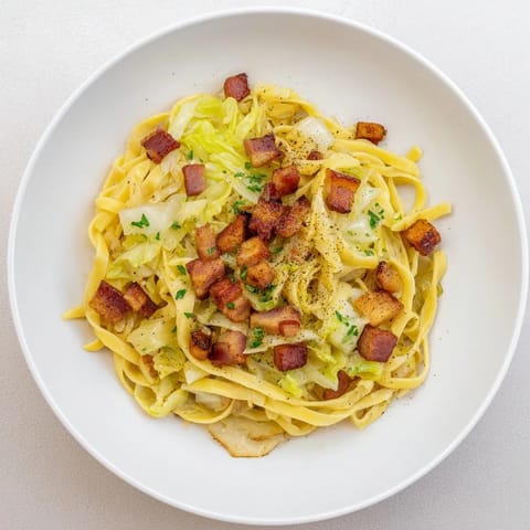 This image shows a comforting bowl of German Fried Bacon Cabbage Noodles with parsley garnish.
