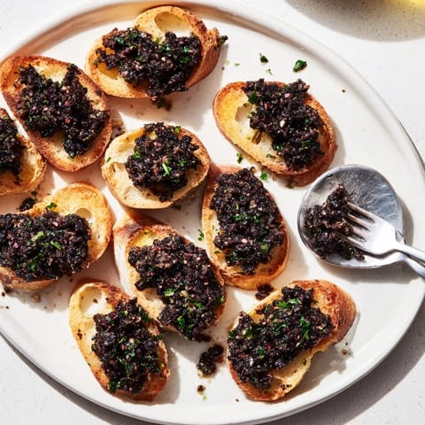 A close-up shot of the savory black olive tapenade, creamy and ready to enjoy with crostini.