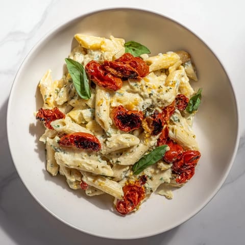 Golden baked Boursin Cheese Pasta with juicy cherry tomatoes glistening after roasting in oven.