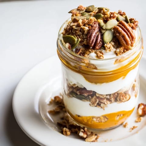 Creamy, layered Pumpkin Yogurt Parfait, showing pumpkin and yogurt with granola, perfect for an afternoon snack.