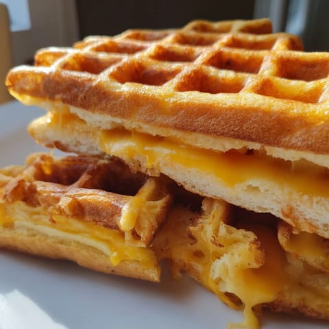 Close-up of a Waffle Grilled Cheese, the bread toasted, showing gooey, melted cheese.
