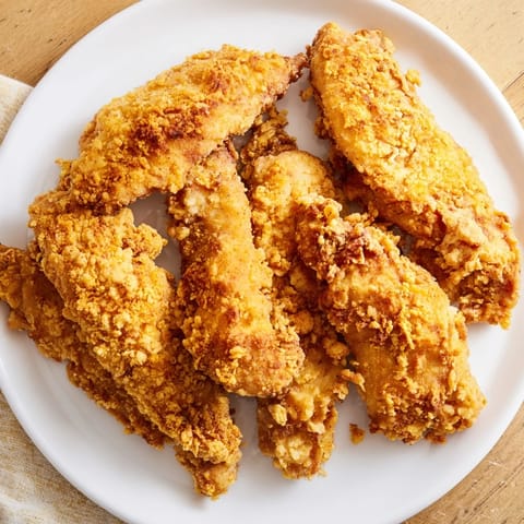 Close-up of freshly fried buttermilk chicken tenders, a classic American comfort food meal.