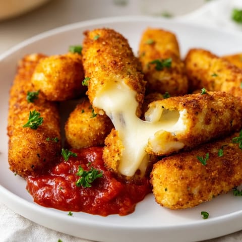 Melted cheese pull from crispy air fryer mozzarella sticks, a quick appetizer ready in minutes.