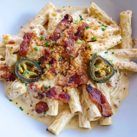 Creamy jalapeño popper pasta with roasted peppers, crispy bacon, and a rich cheese sauce, served hot and steaming.  