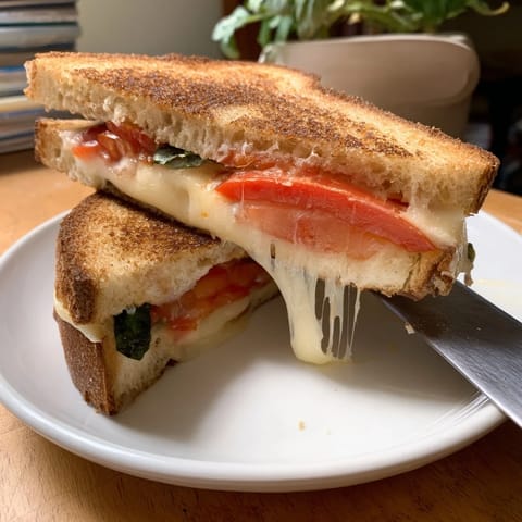 A close-up of a Tomato Basil Grilled Cheese, featuring juicy tomato slices and melty mozzarella on buttery, toasted bread.