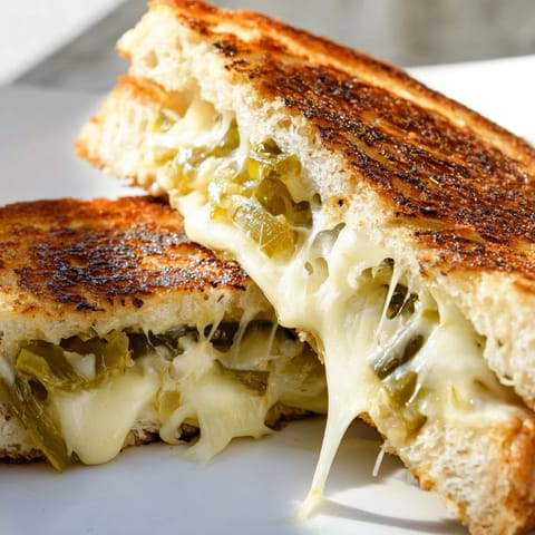 Goldbraun gebratenes Jalapeño Pepper Jack Grilled Cheese, serviert mit würziger Tomatensuppe.  