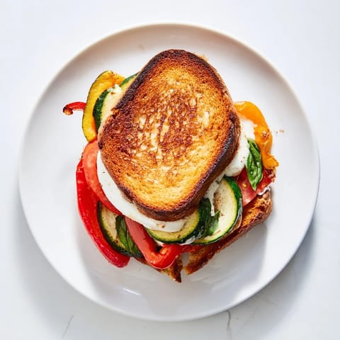 Röstgemüse Caprese Grilled Cheese: Goldenes Sauerteigbrot mit geschmolzenem Mozzarella, saftigen Tomaten und Basilikum.