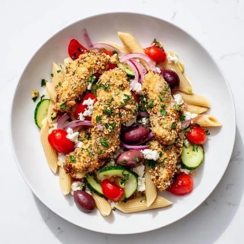 Crispy Chicken Greek Pasta mit goldenen Hähnchensticks, al dente Nudeln und frischem Salatmedley auf weißem Teller.