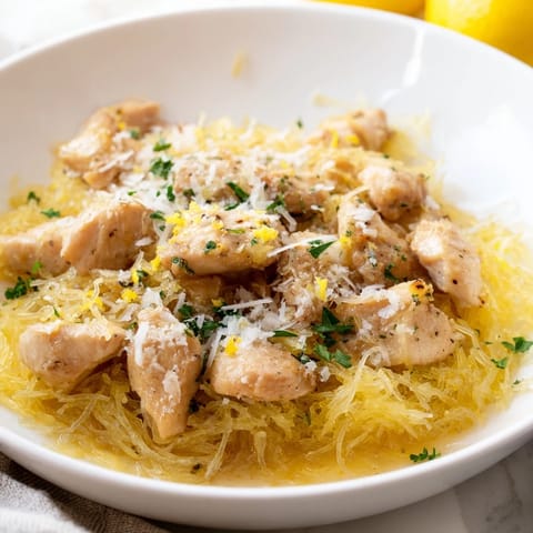 Goldener Lemon-Garlic Chicken auf Nudeln aus Spaghettikürbis mit frischem Parmesan und glänzendem Zitronensud.