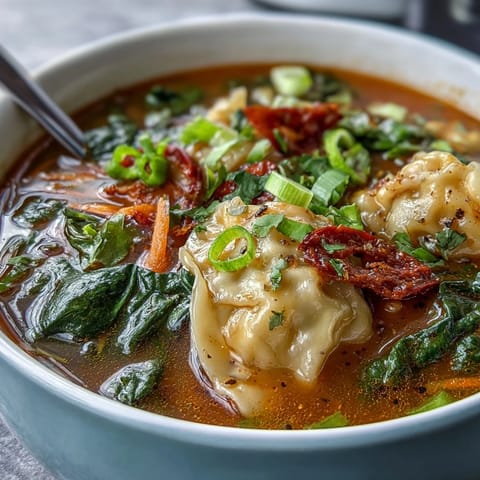 Rote Curry Wonton Suppe mit Grünem