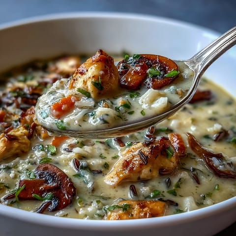 Herzhafte Hühner-, Pilz- und Wildreis-Suppe, gekrönt mit geschmolzenem Parmesan, perfekt für kalte Abende.