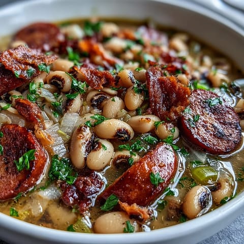 Hearty Southern-Style Black-Eyed Peas served steaming in a bowl, ready with hot sauce and cornbread.
