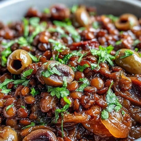 Farbenfrohes Cuban-Inspired Lentil Picadillo mit oliven, Rosinen und gewürzten Linsen, angerichtet auf einem weißen Teller.