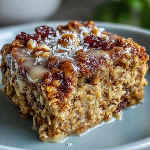 Frisch gebackene Karotten-Haferflocken-Würfel, pufferig und saftig, ideal für ein gesundes Meal-Prep-Frühstück mit Ahornsirup-Glasur.