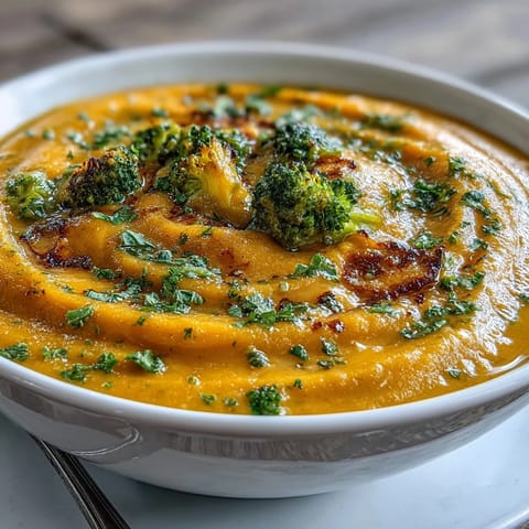 Lecker cremige Butternut Squash Broccoli Cheddar Soup, belegt mit frisch geriebenem Cheddar und gerösteten Broccoliröschen