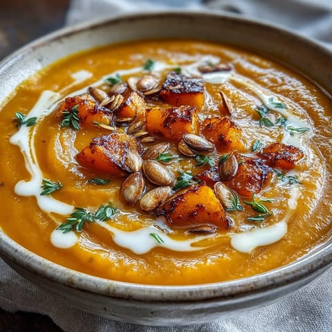 Goldene, pürierte Easy Roasted Butternut Squash Suppe in einer weißen Schüssel mit Kürbiskernen garniert.