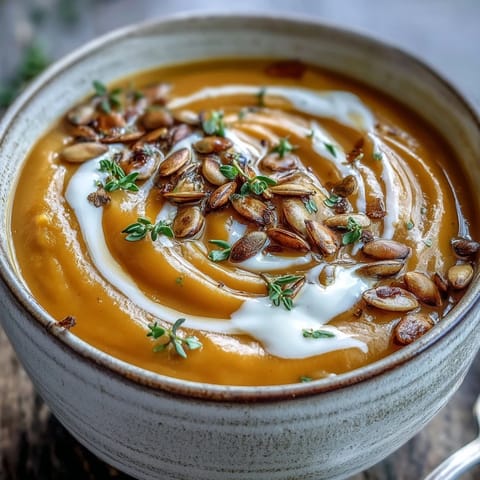 Golden Butternut Squash and Apple Soup, velvety smooth, garnished with thyme in a rustic bowl.