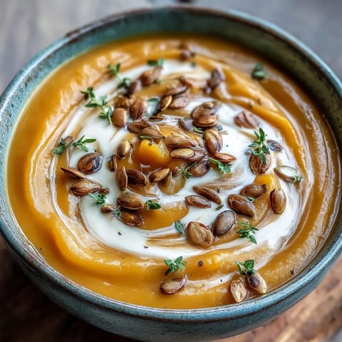 Creamy Butternut Squash and Apple Soup swirled with cream, served steaming with pumpkin seeds.