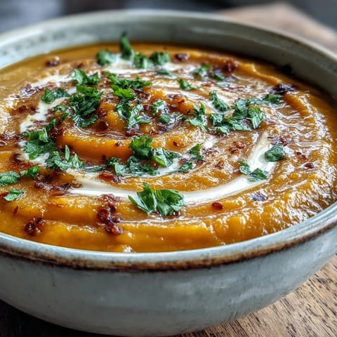 Velvety Butternut Squash and Lentil Soup steaming in a rustic bowl, garnished with fresh cilantro.
