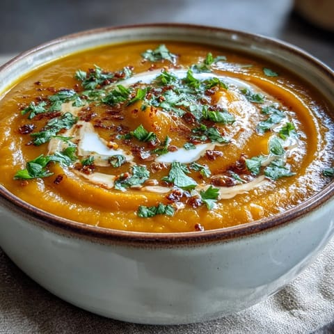 Creamy Butternut Squash and Lentil Soup with a coconut swirl, paired with warm crusty bread.