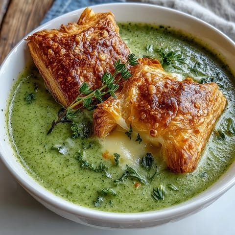 Dampfende Kürbis-Brokkoli-Suppe mit cremiger Konsistenz, garniert mit einem goldenen Blätterteig-Käsegebäck für den perfekten American Comfort-Food-Abend.