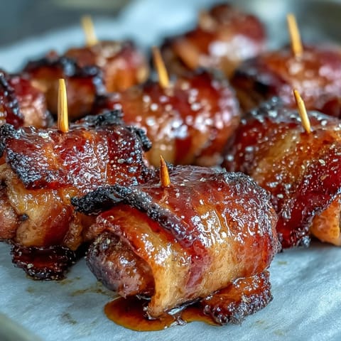 Aroma von knusprigem Speck und süßem Ahornsirup umhüllt diese Bacon-Wrapped Smokies, perfekt als Warmes Fingerfood.