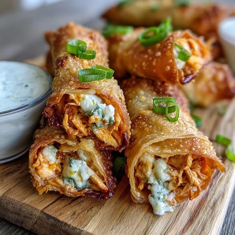 Buffalo Chicken Egg Rolls auf Schieferplatte mit Sahnesauce und frischen Karottenstangen serviert