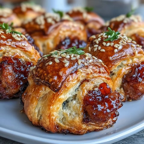Süßer und scharfer Pepper Jelly Glanz auf knusprigen Pepper Jelly Hogs in a Blanket, serviert mit Dijon Senf.