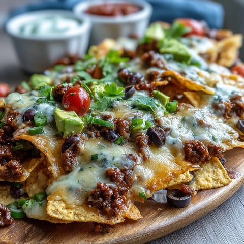 Die Baked Nachos leuchten im Ofen mit geschmolzenem Cheddar und Monterey Jack, belegt mit Bohnen und Jalapeños.