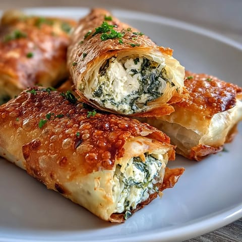 Kross gebackene Spanakopita Spring Rolls mit einer Cremedip aus Joghurt und Dill garniert.