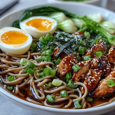 Dampfende Healthy Miso Chicken Noodle Bowls mit Wackelnudeln, Gochujang-Ei und Sesam in Schalen.