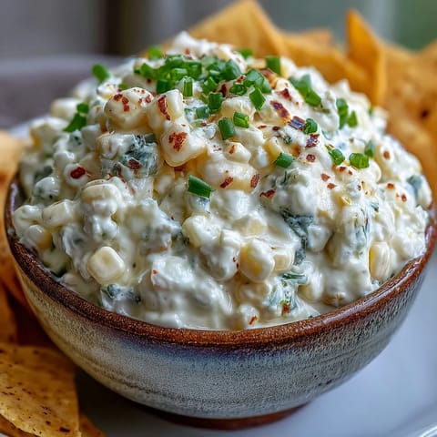 Warm Crack Corn Dip mit geschmolzenem Käse und frischen grünen Zwiebeln für Partys.