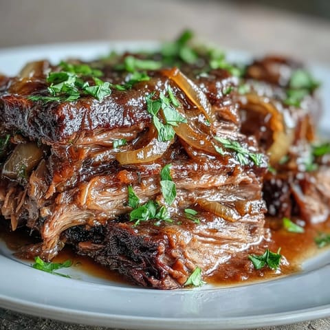 Savory Crock Pot French Onion Pot Roast mit geschmolzenem Gruyère und frischer Petersilie, Serviert in einer Schüssel, Rustikales Abendessen, Amerikanisches Rezept