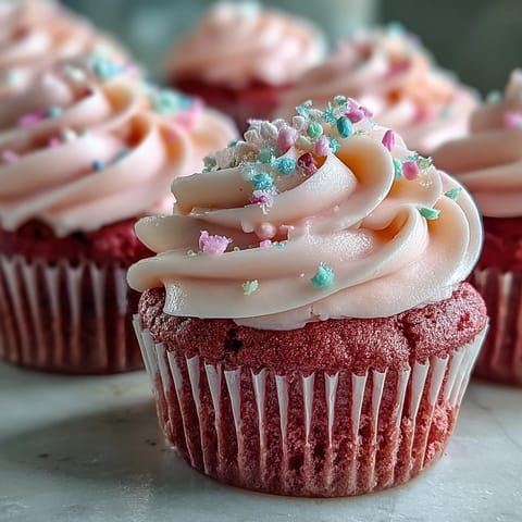 Three fluffy Pink Velvet Cupcakes with Vanilla Buttercream Frosting topped with pink sprinkles on a white plate.