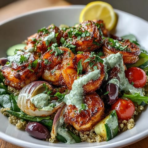 Serving suggestion for a Mediterranean Shrimp Bowl, featuring fluffy quinoa, cherry tomatoes, cucumbers, and succulent shrimp.