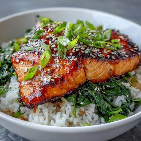 Belegter Miso-glasierte Lachs Bowl mit frischem Spinat, grünen Zwiebeln und Limettenkeilen für den Frische-Kick.