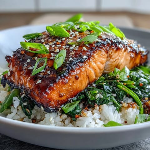 Saftige Miso-glasierte Lachs Bowl auf duftendem Jasminreis mit gedünstetem Spinat und Sesam.