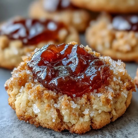 Golden Guava Jam Thumbprint Cookies mit rosa Marmelade, auf weißem Holz serviert.