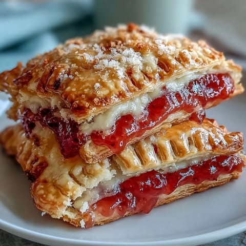 Freshly baked Guava Cheese Pop Tarts on a white plate, showing creamy cheese filling peeking through the sweet guava center.