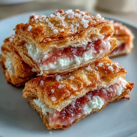 Freshly baked Guava and Cream Cheese Pastelitos, golden and puffed, served warm on a rustic wooden board.