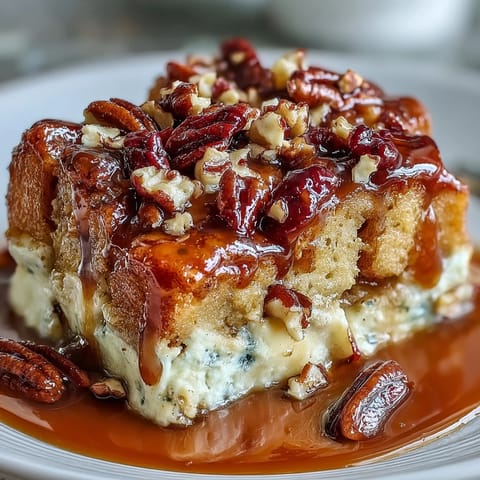 Golden-brown Guava Caramel Bread Pudding With Pecans topped with chopped pecans, ready to serve.