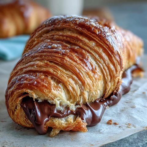 Flaky Sourdough Croissants mit dunkler Schokoladenfüllung: goldene, butterzarte Hörnchen mit reicher, schmelzender Schokolade im Inneren.