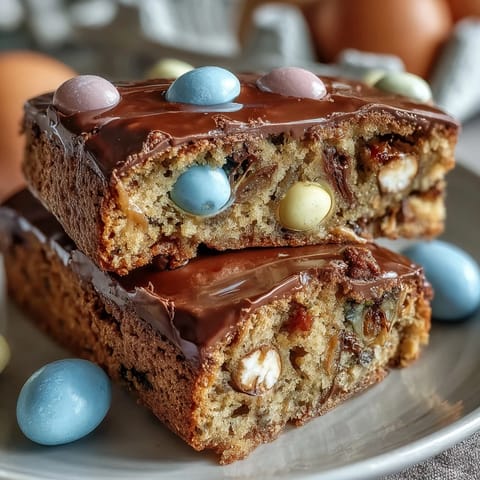 Cadbury Egg Cookie Bars mit bunten M&Ms: Weiche, zähe Cookie Bars mit Cadbury Mini-Eiern und pastellfarbenen M&Ms – perfekt für den Frühling.