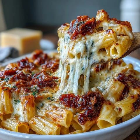 Köstlicher One-Pot Cheesy Pasta Bake mit goldgelbem Käse und frischen Kräutern.  