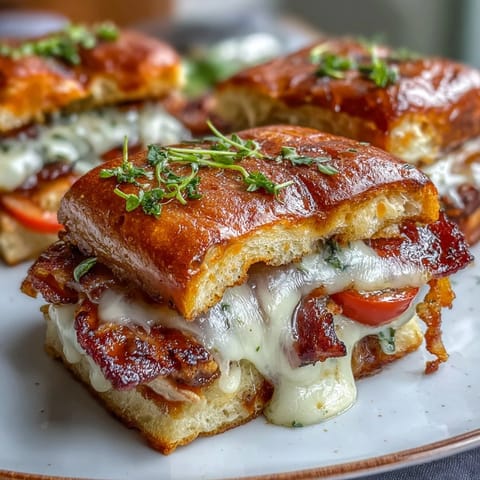 Miniatur-Versionen des ikonischen Kentucky Hot Brown Sandwich mit Roastbeef, knusprigem Speck und cremiger Mornay-Sauce auf fluffigen Brioche-Brötchen. Perfekt für festliche Anlässe.  