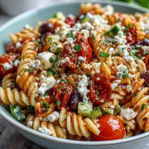 Farbiger Nudelsalat mit knackigem Gemüse und cremigem Mozzarella in italienischem Dressing.